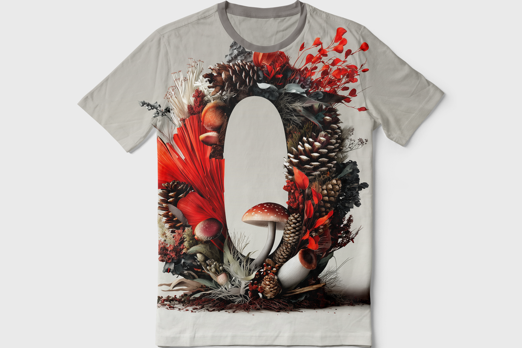 T-shirt with a nature-themed design featuring mushrooms and leaves on a white background