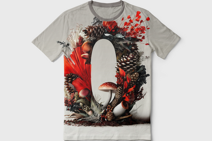 T-shirt with a nature-themed design featuring mushrooms and leaves on a white background