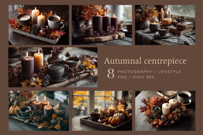 Collage of autumnal centerpieces with candles and fall decor on a brown background.