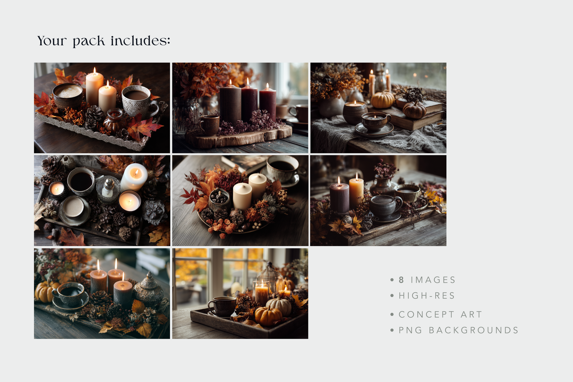 Collage of autumn-themed table settings with candles and pumpkins on a light gray background.