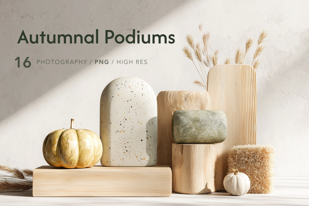 Decorative items including pumpkins, stones, and wooden blocks on a neutral background with 'Autumnal Podiums' text.