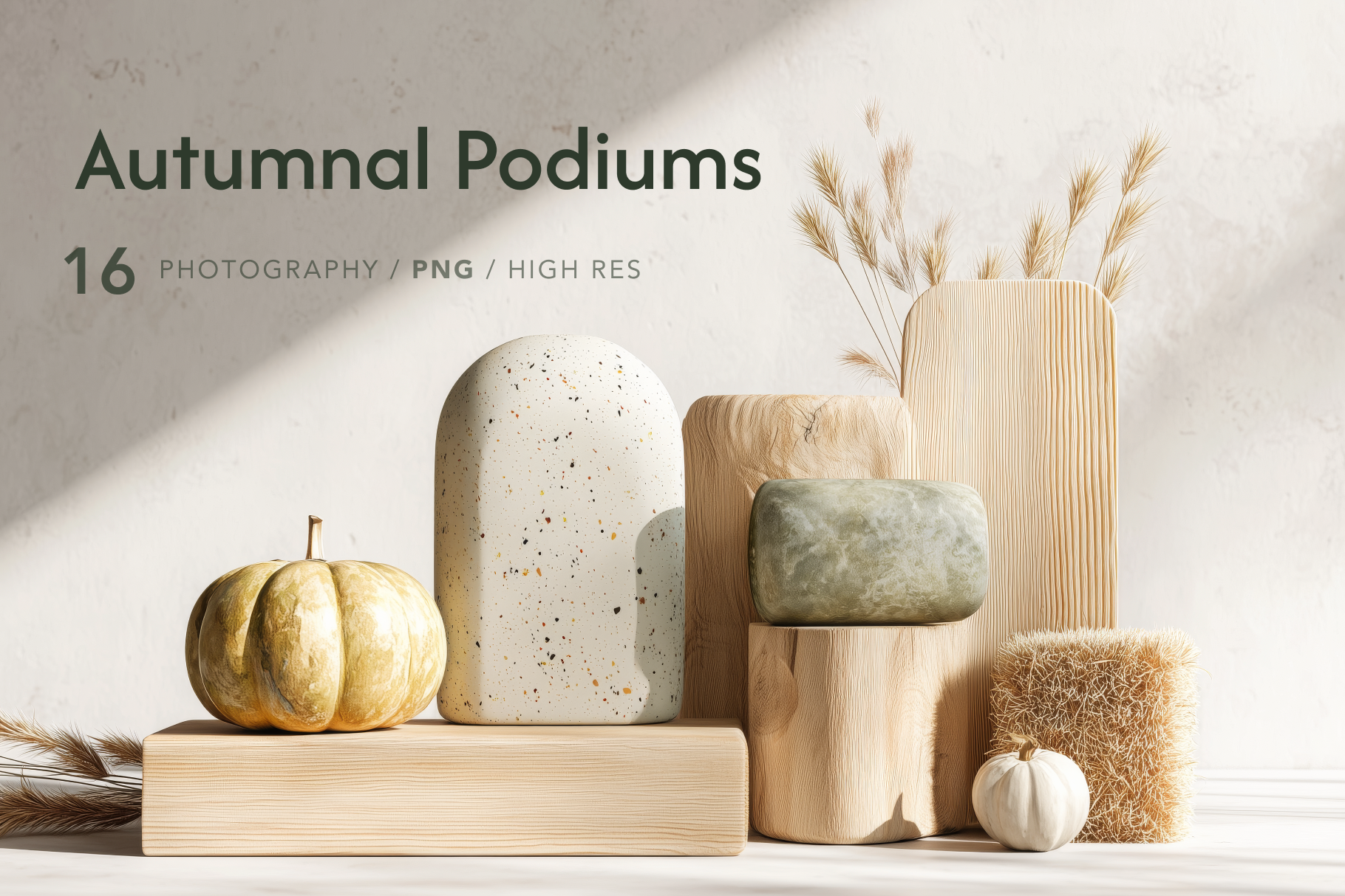 Decorative items including pumpkins, stones, and wooden blocks on a neutral background with 'Autumnal Podiums' text.