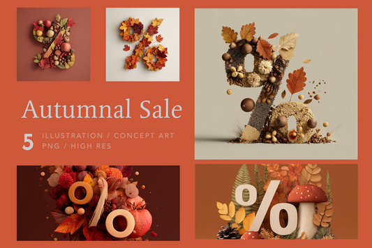 Autumn-themed sale promotional graphics with colorful designs and text on a red background.