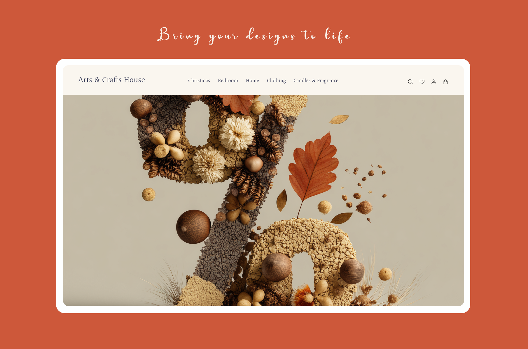 Website homepage with a decorative number '9' made of autumn-themed elements on a beige background.