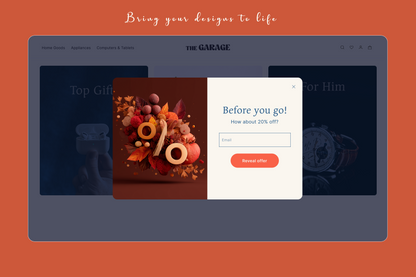 Website interface with a promotional pop-up on an orange background