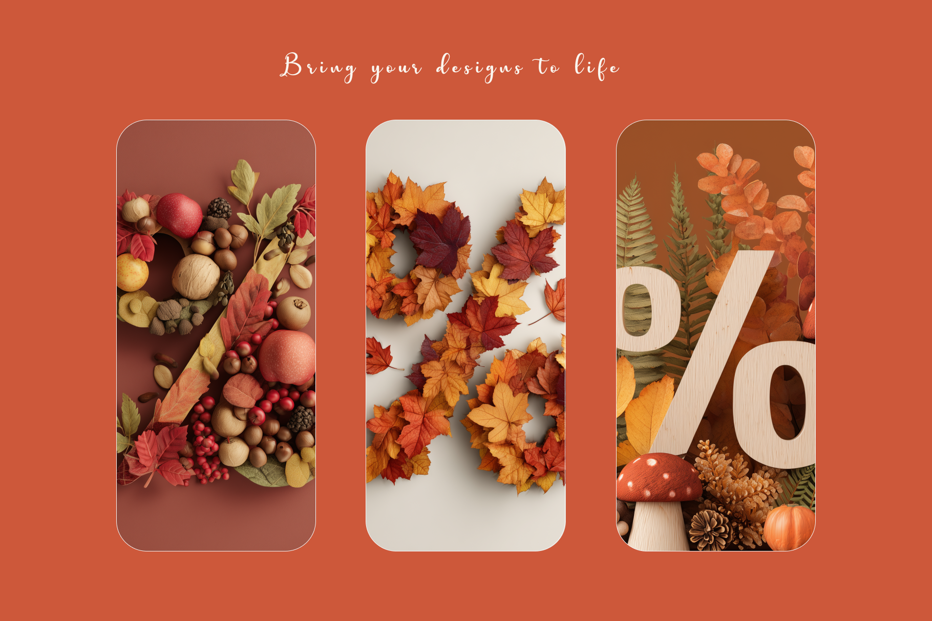 Three autumn-themed designs with wreaths and decorative elements on a brown background.