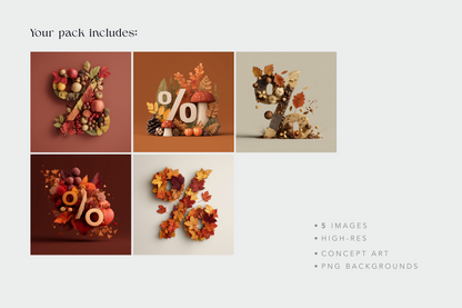 Pack of images with decorative numbers made from autumn-themed elements on a light gray background.