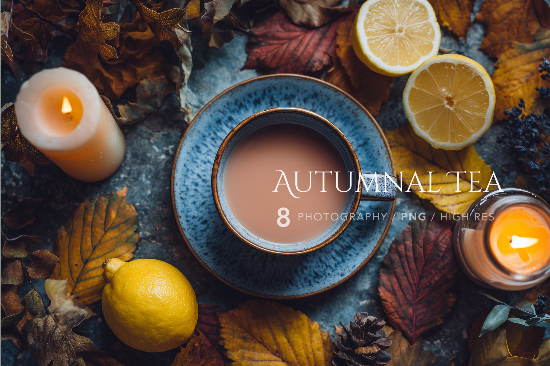 Autumnal tea scene with a cup of tea, lemons, and candles on a textured surface.