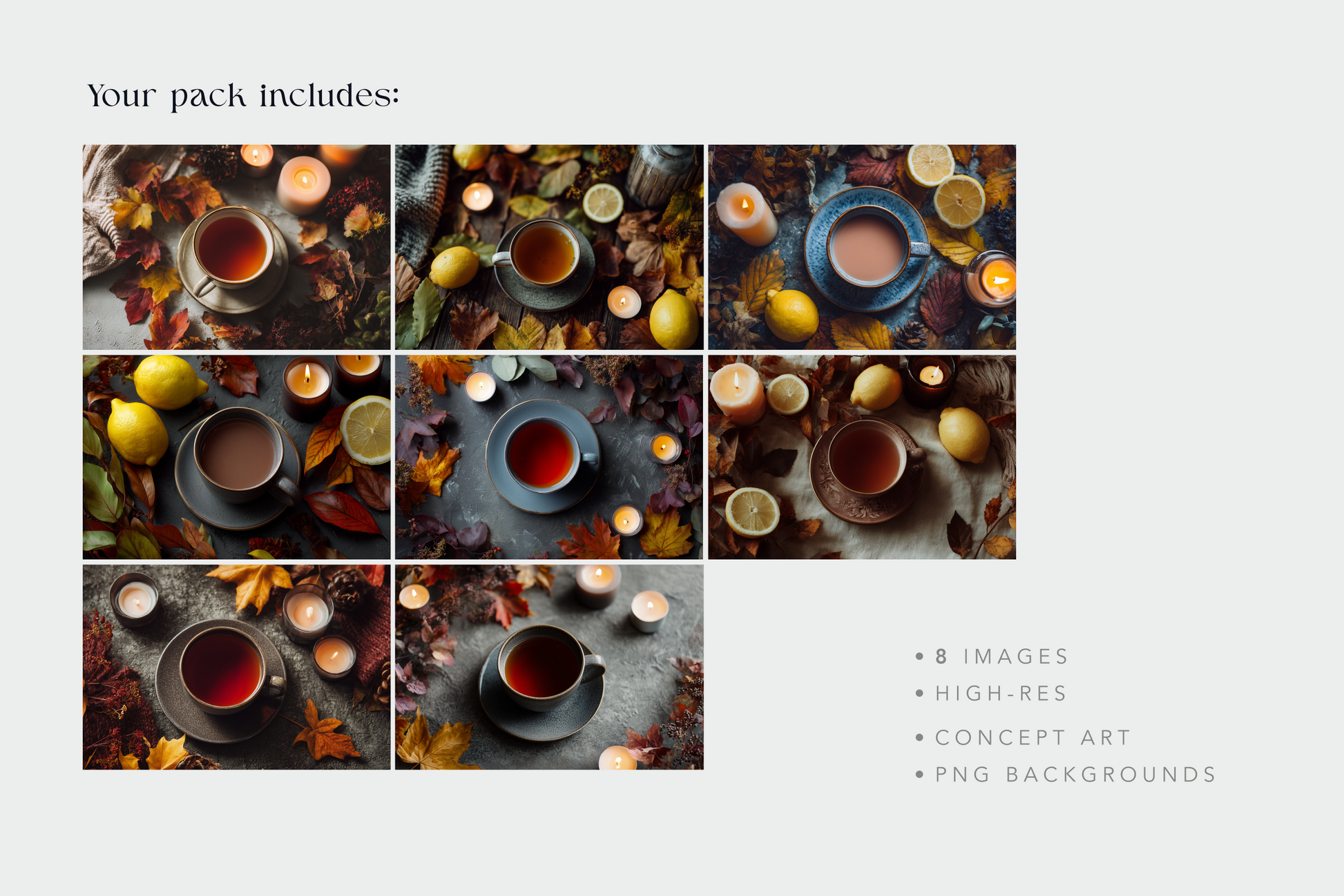 Collection of images with cups and autumn-themed elements on a light gray background