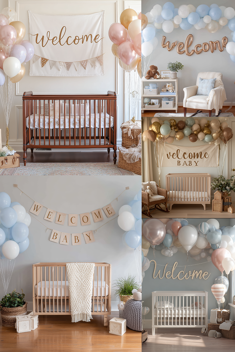 A four-panel collage showcasing baby nursery decor setups, featuring wooden cribs, pastel blue and pink balloon garlands, 'Welcome Baby' banners, and cozy nursery furniture in soft neutral tones.
