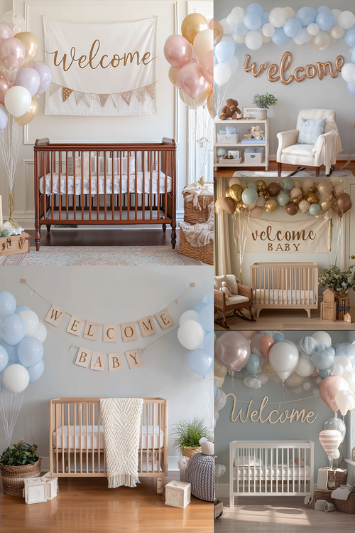 A four-panel collage showcasing baby nursery decor setups, featuring wooden cribs, pastel blue and pink balloon garlands, 'Welcome Baby' banners, and cozy nursery furniture in soft neutral tones.