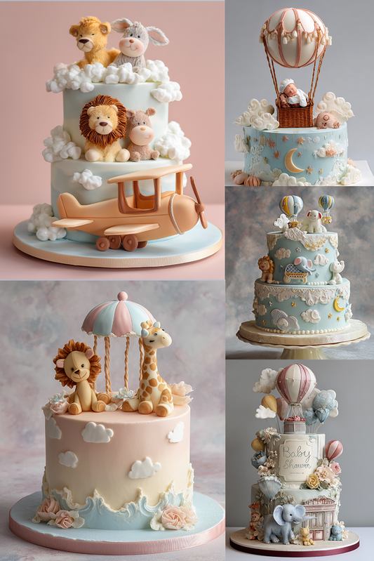 Collage of various children's theme cakes with animals and toys.