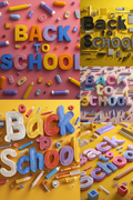 A four-panel collage of colorful 3D 'Back to School' lettering arranged with various school supplies including pencils, erasers, and books on pink, yellow, and peach backgrounds.