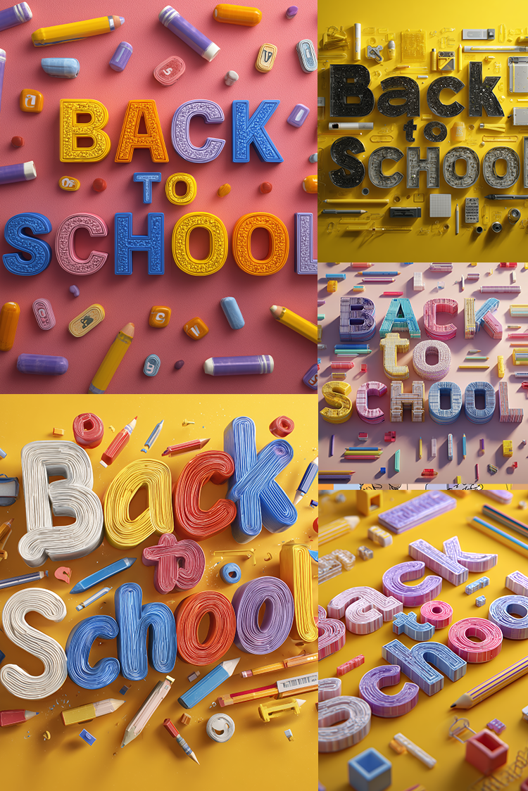 A four-panel collage of colorful 3D 'Back to School' lettering arranged with various school supplies including pencils, erasers, and books on pink, yellow, and peach backgrounds.