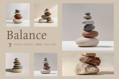 Collage of stacked stones with 'Balance' text and product details.