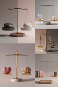 A collage of six views showing decorative brass balance scales with marble bases, each holding different objects such as stones, a light bulb, a candle, leaves, a pink heart, a brain, books, and a small box.