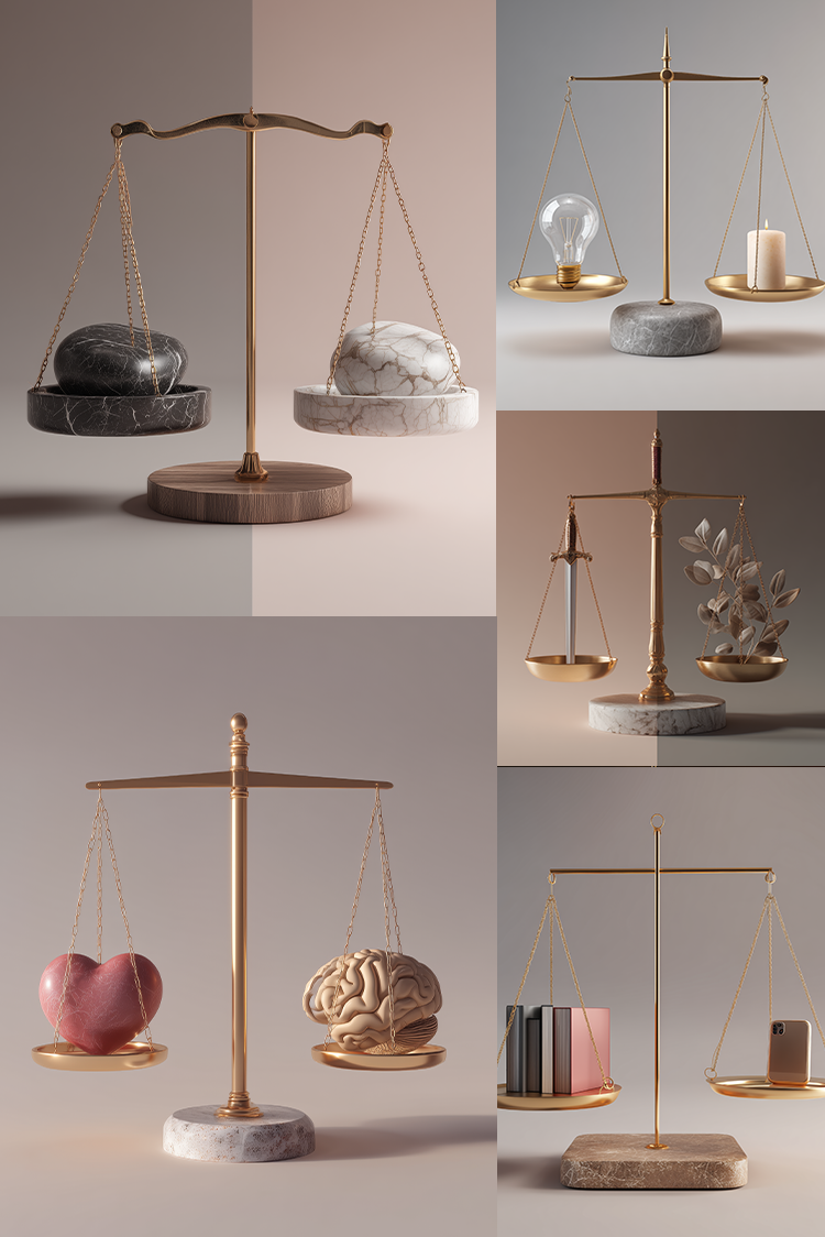 A collage of six views showing decorative brass balance scales with marble bases, each holding different objects such as stones, a light bulb, a candle, leaves, a pink heart, a brain, books, and a small box.