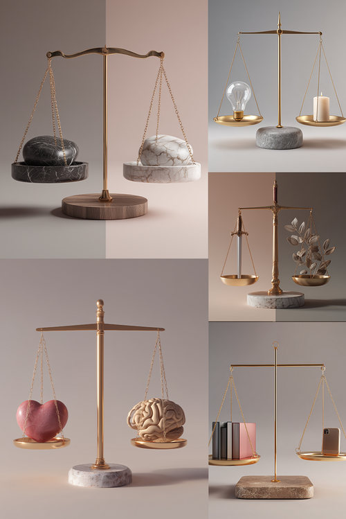 A collage of six views showing decorative brass balance scales with marble bases, each holding different objects such as stones, a light bulb, a candle, leaves, a pink heart, a brain, books, and a small box.