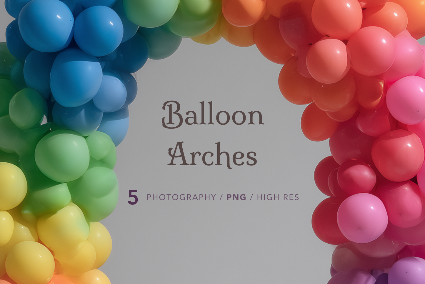 Colorful balloon arch with text overlay on a plain background