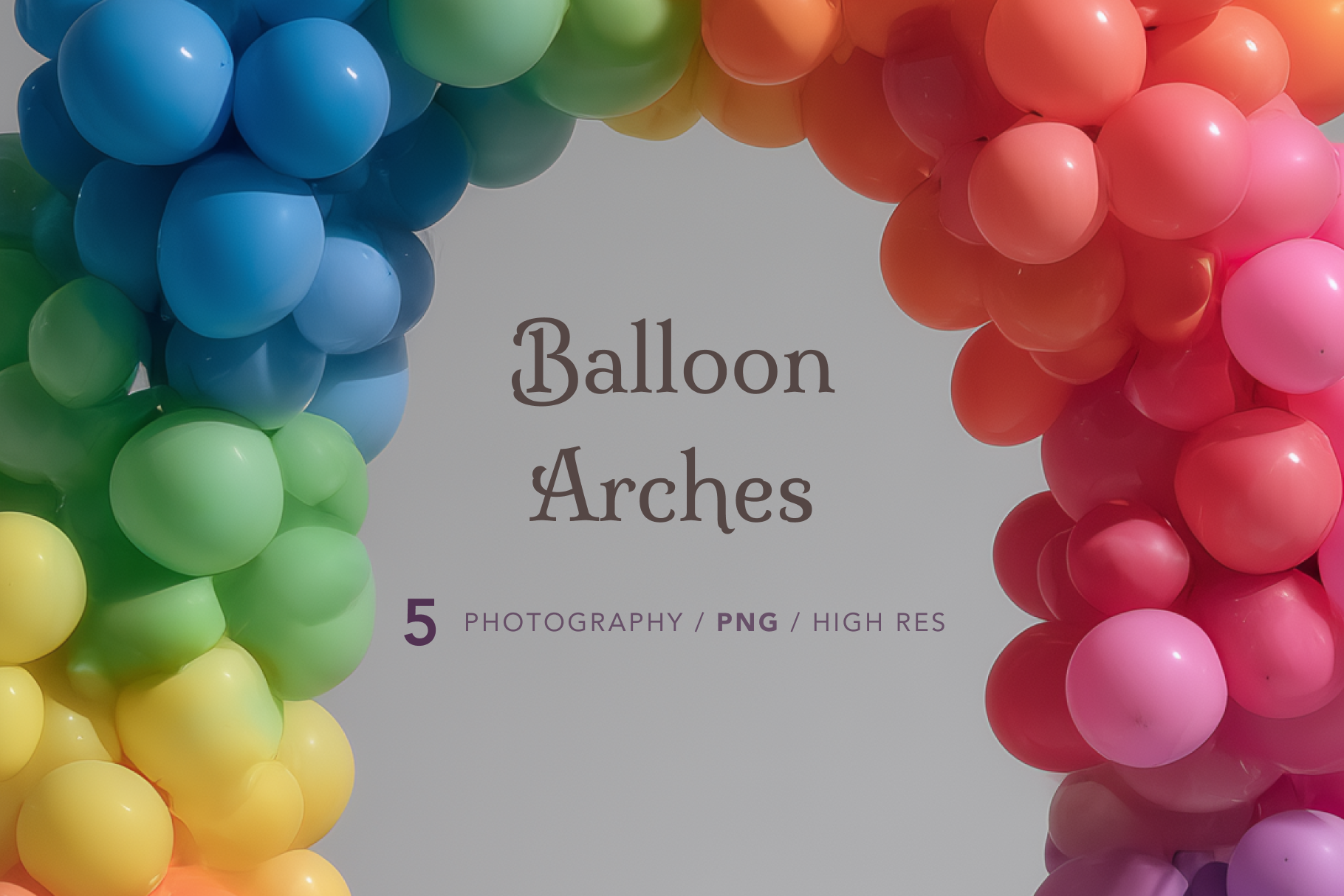 Colorful balloon arch with text overlay on a plain background