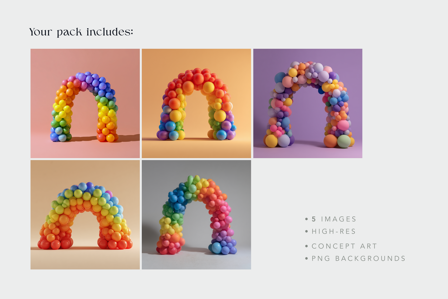 Colorful balloon arches on a white background with product details.
