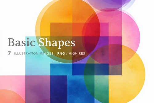 Colorful geometric shapes with text overlay on a white background