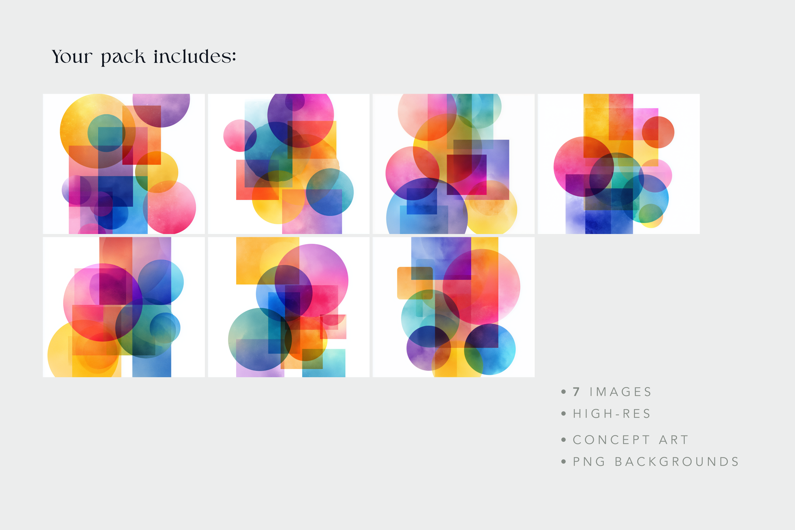 Packaging of colorful geometric design images with text on a white background