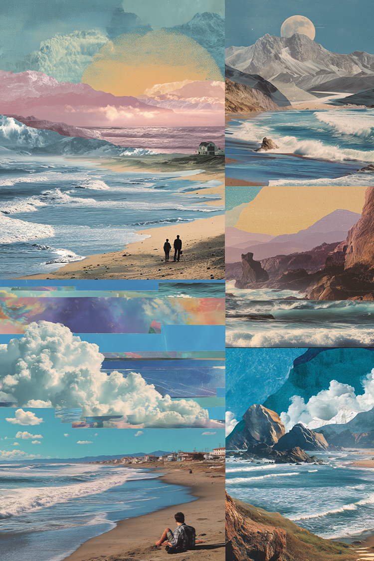 A collage of six stylized coastal and mountain landscape panels with surreal color treatments, including blue ocean waves, sandy beaches, dramatic clouds, rocky cliffs, and distant mountains under pastel skies.