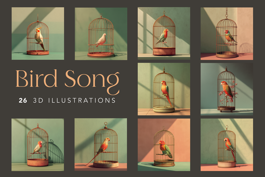 A collection of 26 photographic-style images featuring birds perched inside ornate cages, with a focus on the themes of beauty, longing, and serenity.