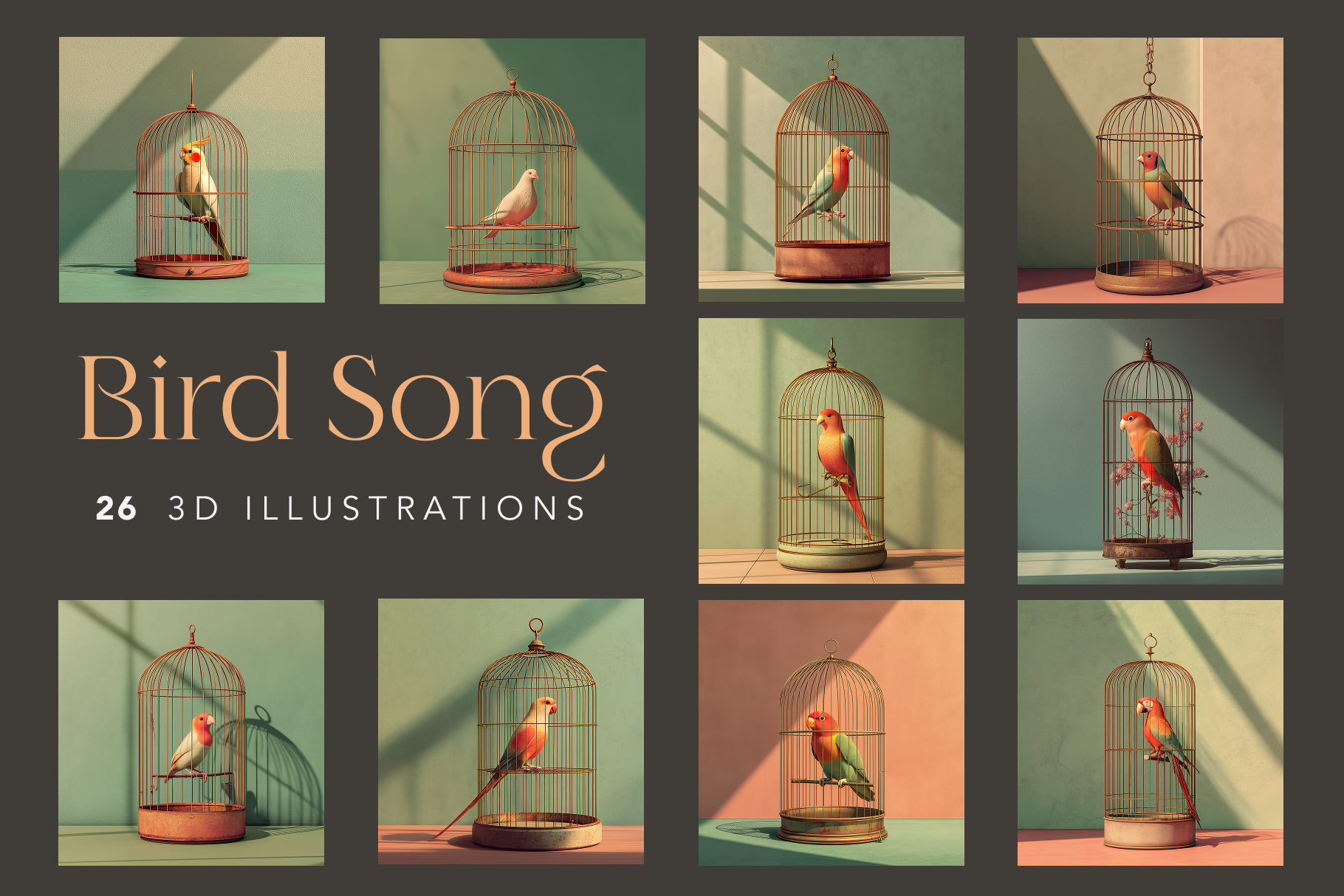 A collection of 26 photographic-style images featuring birds perched inside ornate cages, with a focus on the themes of beauty, longing, and serenity.