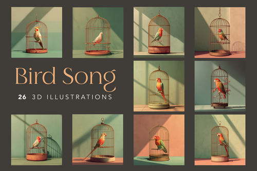 A collection of 26 photographic-style images featuring birds perched inside ornate cages, with a focus on the themes of beauty, longing, and serenity.
