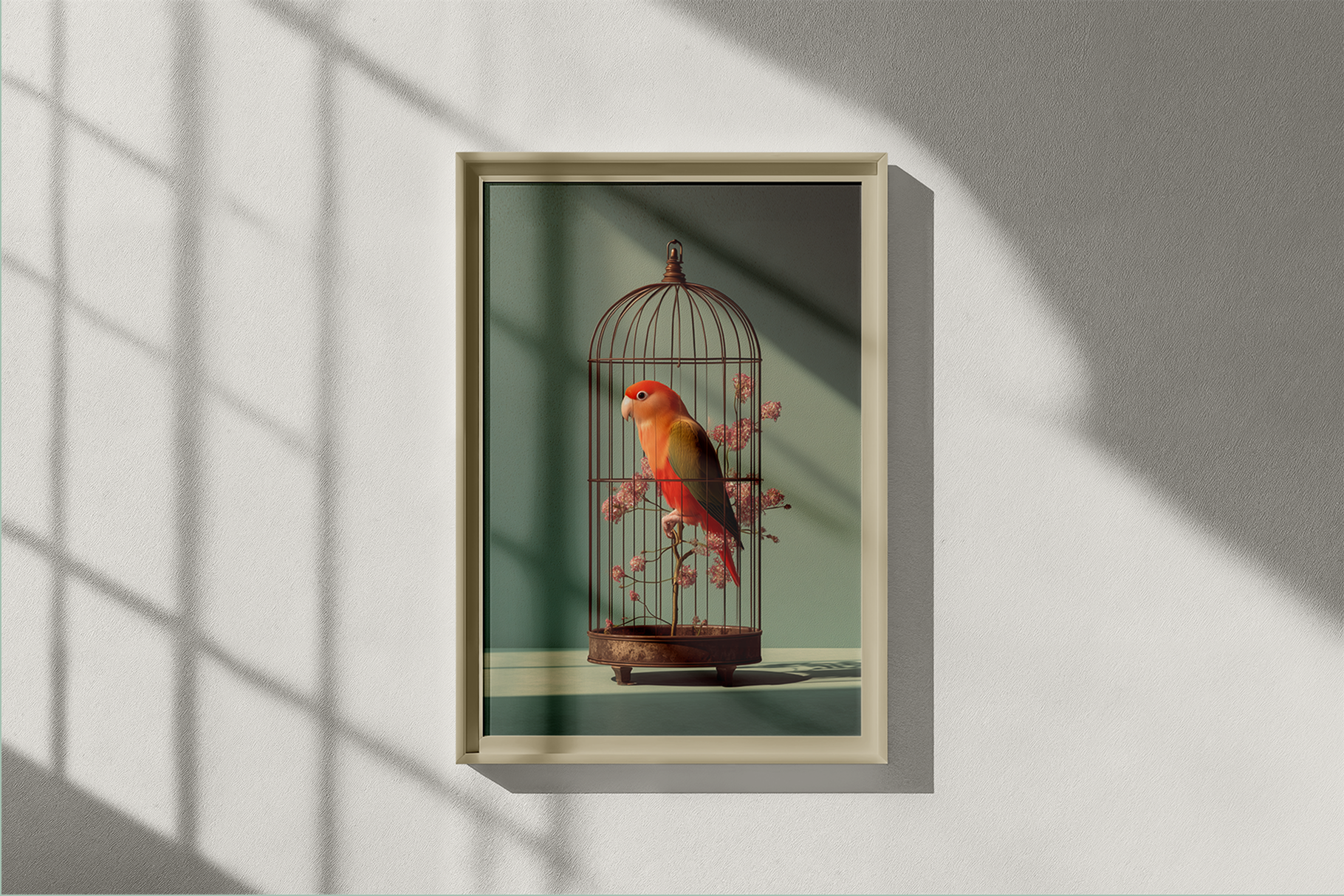 Framed artwork of a red parrot in a cage on a light background.