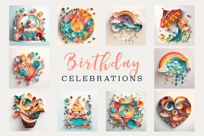 A series of paper art birthday themed illustrations