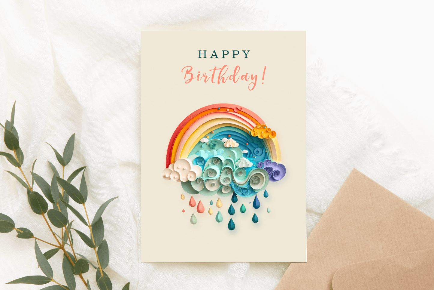 A birthday greeting cards with a rainbow
