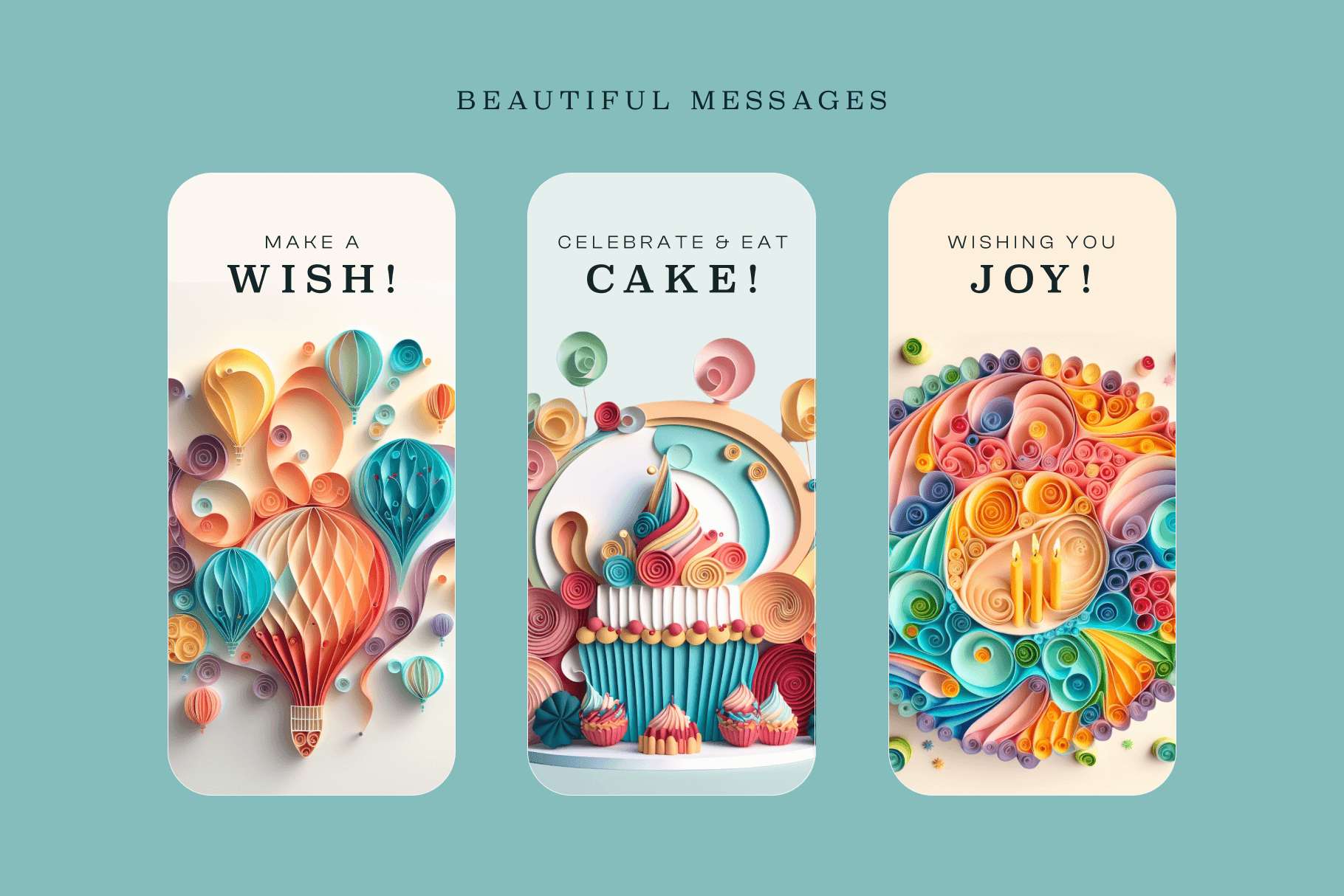 Paper art of a hot air balloon, a cupcake, and birthday cake