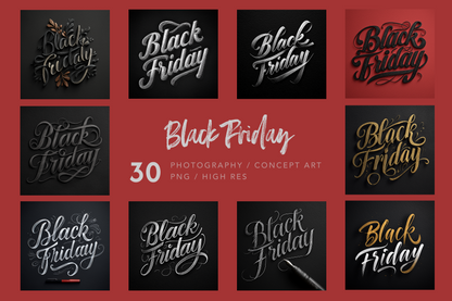 Collection of 'Black Friday' themed text designs on a red background