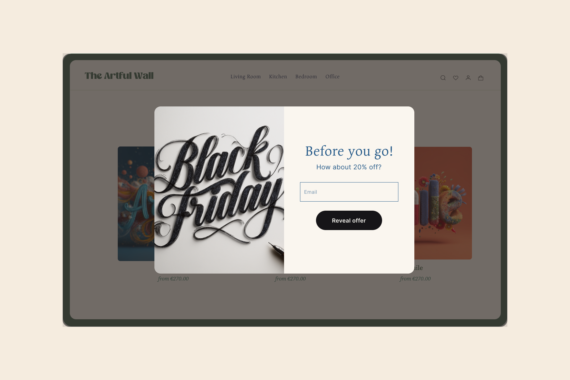 Computer screen displaying a 'Black Friday' pop-up on a beige background