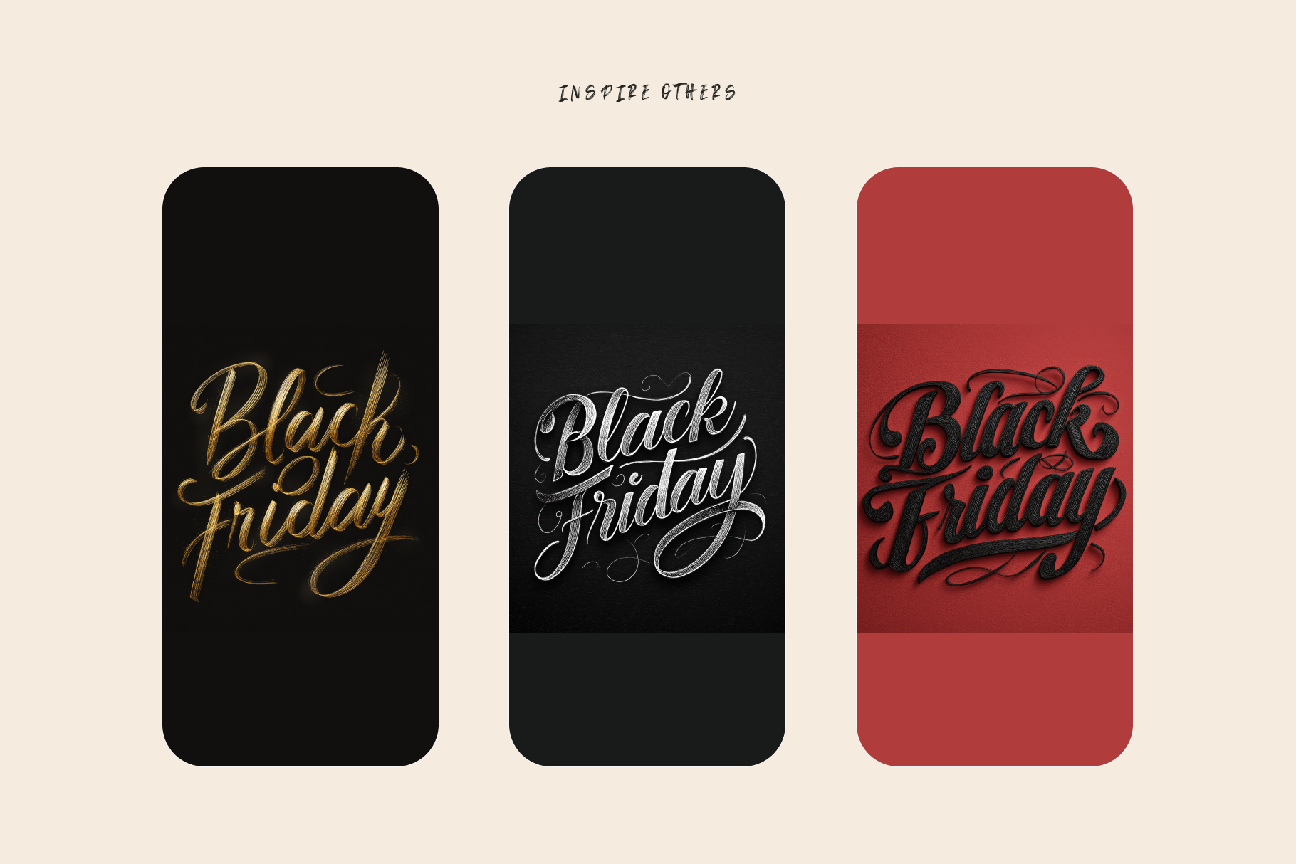 Three phone cases with 'Black Friday' text in different colors on a beige background.
