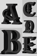 Four black decorative block letters A, C, D, and E arranged on a light gray background.
