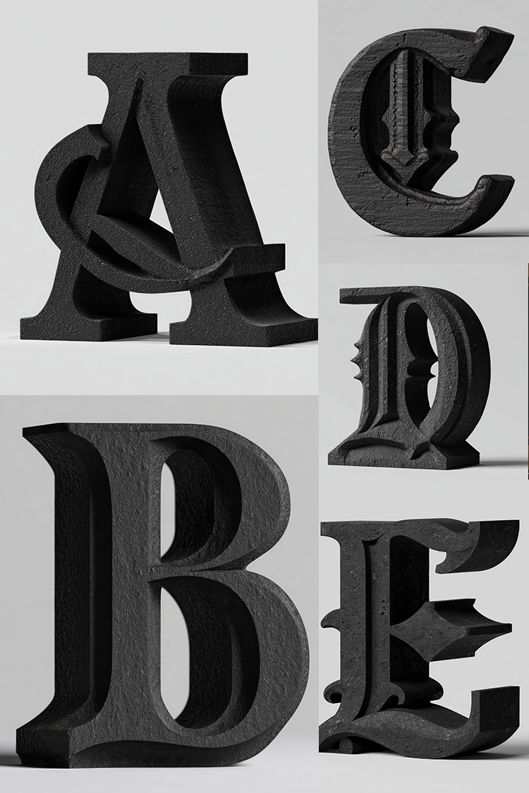 Four black decorative block letters A, C, D, and E arranged on a light gray background.