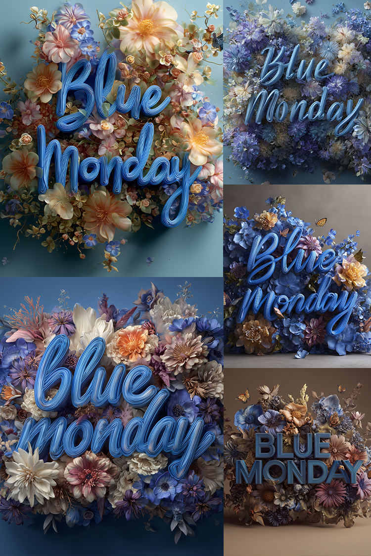 A collage of five floral arrangements with large blue 3D text reading 'Blue Monday' over them, shown on a blue and beige background.