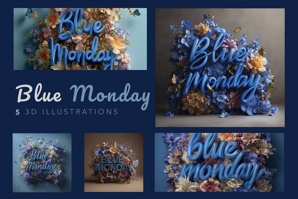 A promotional collage for a digital asset pack titled 'Blue Monday 5 3D Illustrations,' showing multiple floral arrangements with blue script text on a dark blue background.