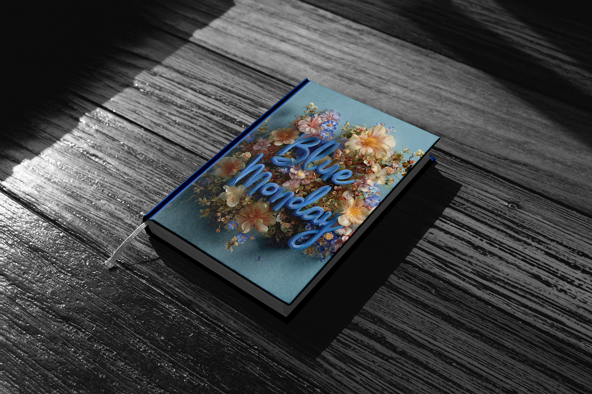 A hardcover notebook with a light blue cover featuring a floral illustration and the words 'Blue Monday' in blue script, placed on a dark wood surface with dramatic shadows.