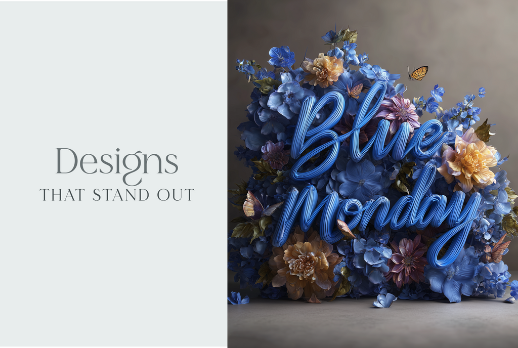 A split promotional graphic with the text 'Designs THAT STAND OUT' on the left and a decorative floral arrangement with large blue 3D lettering reading 'Blue Monday' on the right.