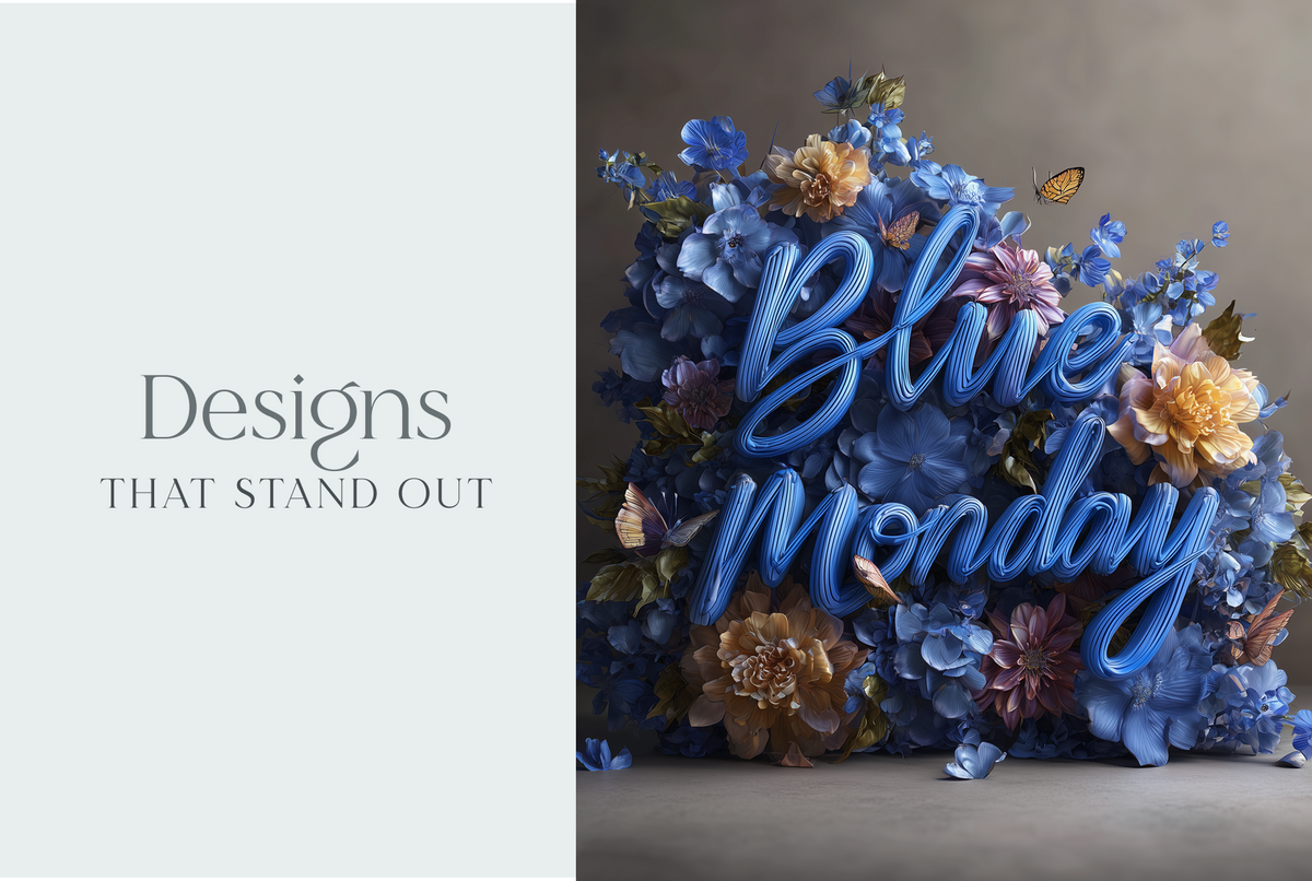 A split promotional graphic with the text 'Designs THAT STAND OUT' on the left and a decorative floral arrangement with large blue 3D lettering reading 'Blue Monday' on the right.