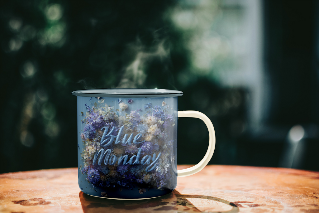 A blue enamel-style mug with a white handle sits on a wooden table, filled with dried purple flowers and the words 'Blue Monday' in white script. Steam rises from the mug against a dark, blurred outdoor background.