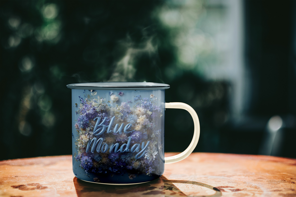 A blue enamel-style mug with a white handle sits on a wooden table, filled with dried purple flowers and the words 'Blue Monday' in white script. Steam rises from the mug against a dark, blurred outdoor background.