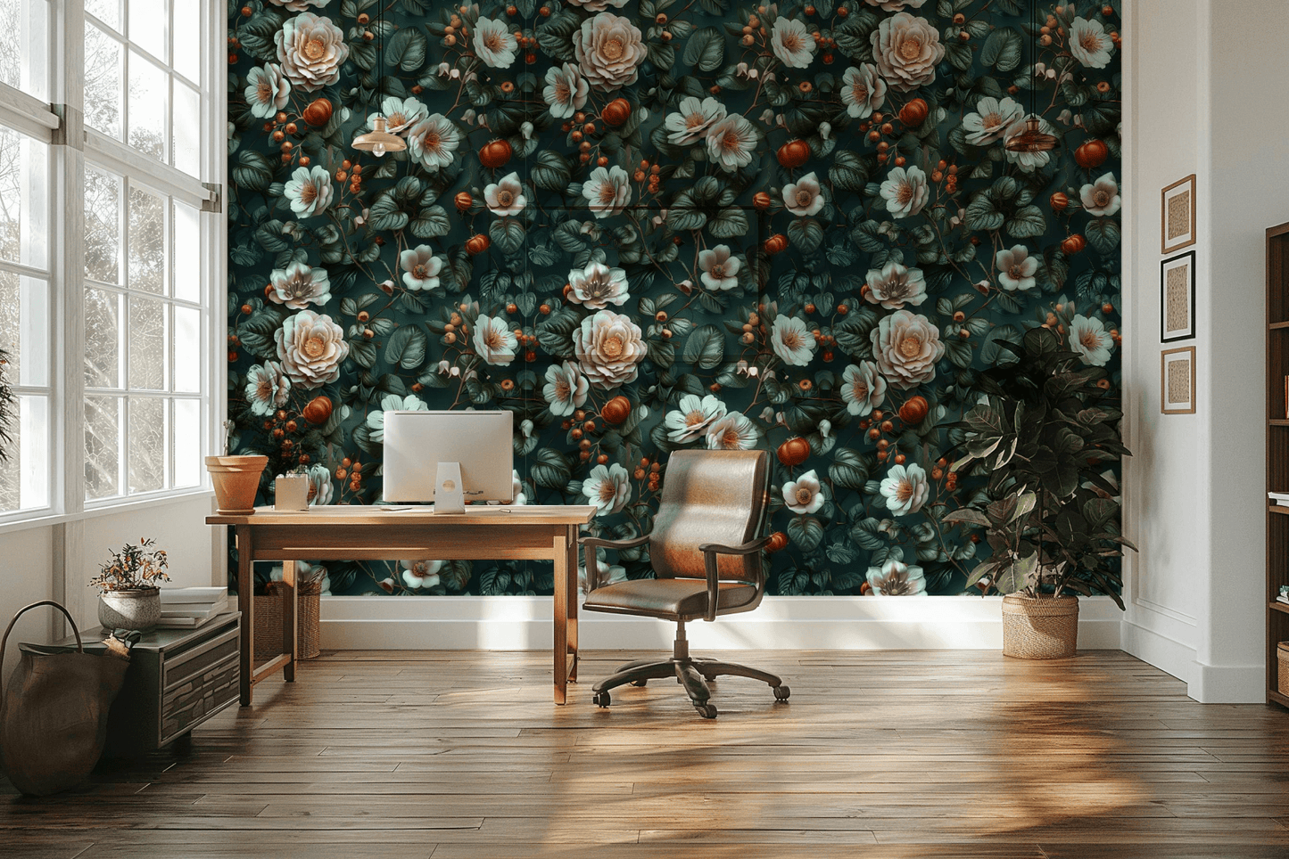 Wall paper of botanical art in the interior of an office space