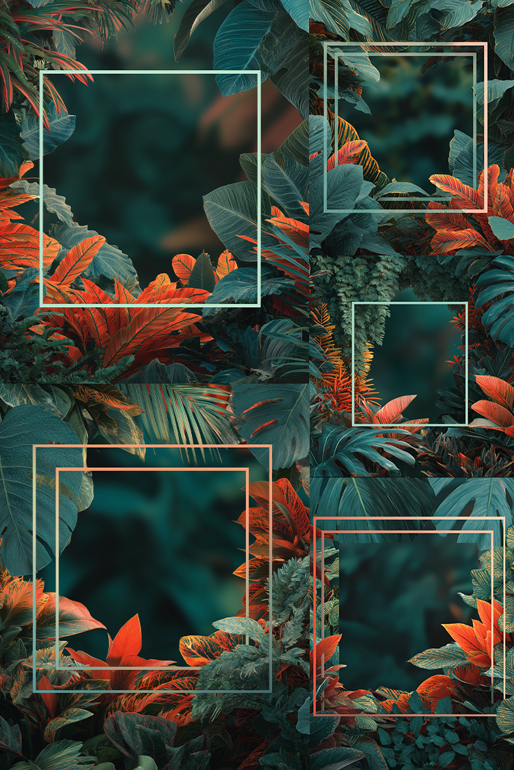 A tropical foliage pattern background with layered green and teal leaves and bright orange-red flowers, overlaid with multiple thin rectangular frame outlines.
