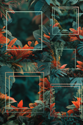 A tropical foliage pattern background with layered green and teal leaves and bright orange-red flowers, overlaid with multiple thin rectangular frame outlines.